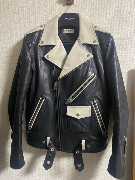 14aw サンローランパリ 白黒バイカラー レザーライダースジャケット 52 エディスリマン saint laurent paris