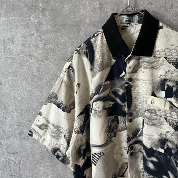 アートデザインシャツ 半袖 柄シャツ ゆったりサラサラMメンズ 2連ボタン