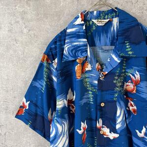 金魚柄シャツ 青色 レーヨン半袖 オープンカラー開襟 スクエアテイル XLメンズ