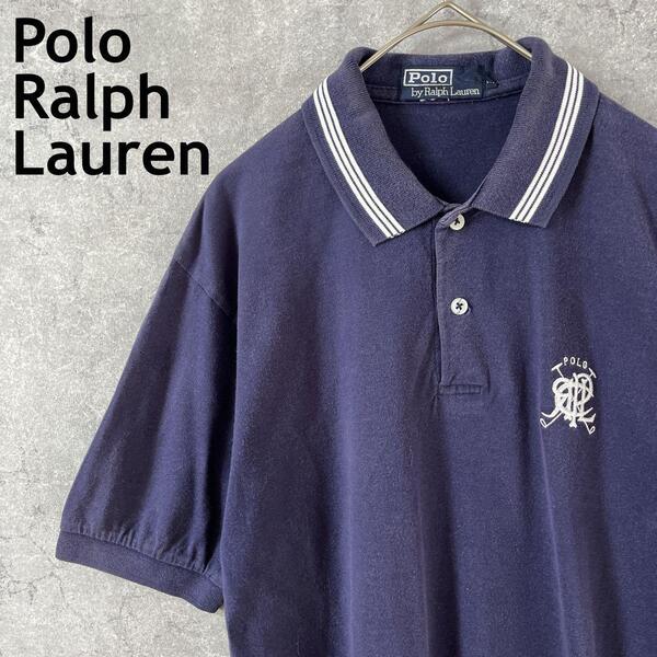 Ralph Lauren 90s ロゴネイビー ポロシャツ コットンMメンズ半袖