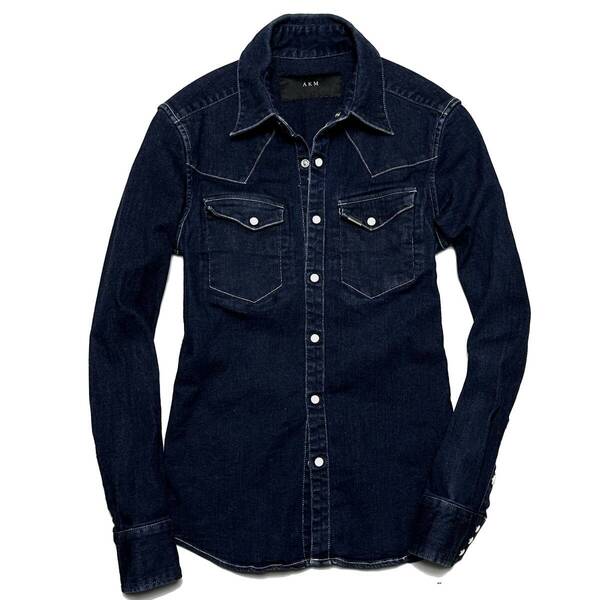 定価5.2万 AKM 8oz STRETCH DENIM WESTERN SHIRTS サイズS 紺 ストレッチデニムウエスタンシャツ wjk ジュンハシモト