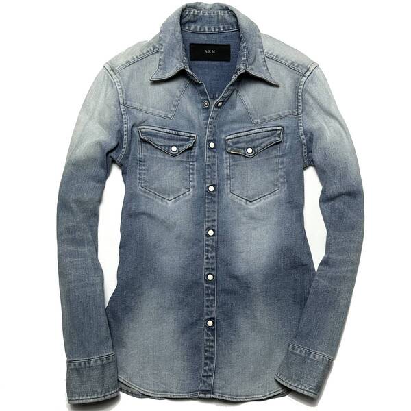 定価5.8万 AKM 8oz STRETCH DENIM BLANKET WESTERN SHIRTS サイズL ブルー ストレッチデニムウエスタンシャツ wjk ジュンハシモト