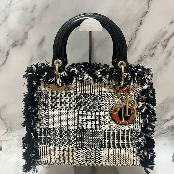 レディディオール パテントレザー ツイード 2WAYハンドバッグ クリスチャンディオール dior ブラック×ホワイト 黒 白 ハンドバッグ