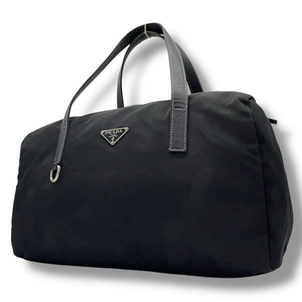 【美品】プラダ PRADA ボストンバッグ テスートナイロン レザー ハンドバッグ トートバッグ ブラック 黒 三角ロゴプレート トライアングル