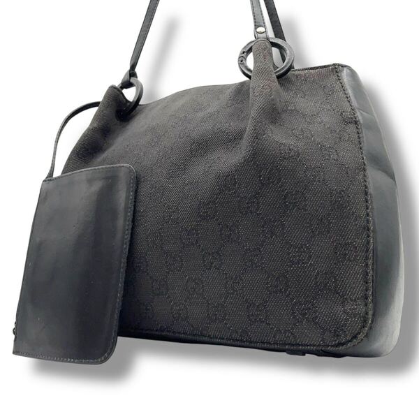 【極美品】 グッチ GUCCI トートバッグ キャンバス レザー ブラック 黒系 ハンドバッグ GG ポーチ付き ワンショルダー