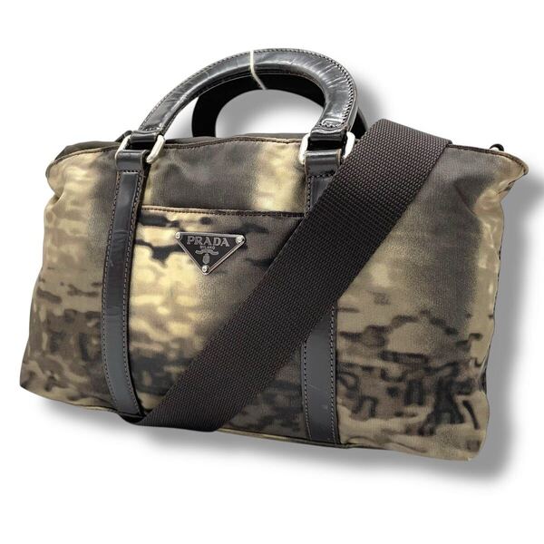 【美品】 プラダ PRADA ボストンバッグ 2WAY ハンドバッグ トートバッグ ナイロン レザー ショルダーバッグ 三角ロゴプレート
