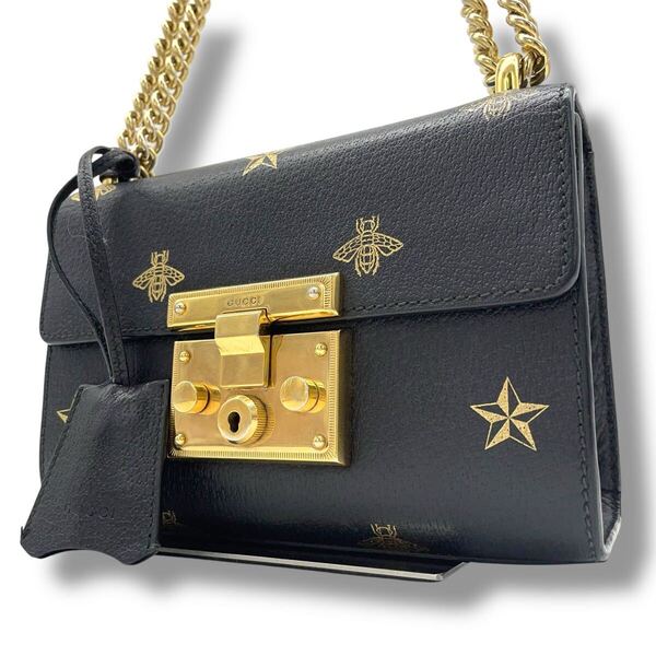 【極美品】グッチ GUCCI ショルダーバッグ チェーン ブラック 黒 ビー 蜂 パドロック 斜め掛け レザー ゴールド金具