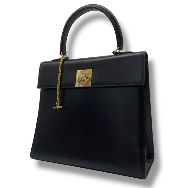【美品】セリーヌ CELINE ハンドバッグ ガンチーニ ブラック 黒 ボックスカーフ レザー ゴールド金具