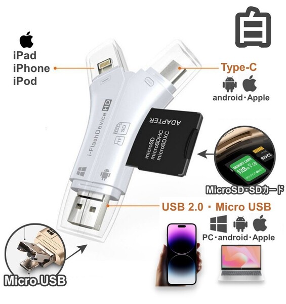 4in1 SDカードリーダー USB/Micro USB/Type-C/Lightning マルチカードリーダー スマホ パソコン iPad iPhone Android PC