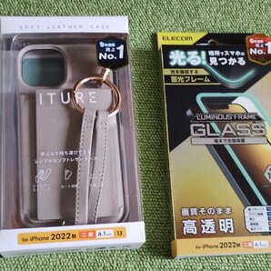 エレコムiPhone14オープンソフトレザーケースショルダーストラップ付PM-A22APLOSSBE/iPhone14ガラスフィルム蓄光フレームPM-A22AFLGP