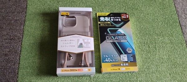 エレコムiPhone14ハイブリッドシリコンケースショルダーストラップ付PM-A22ASCSSGY/iPhone14ガラスフィルム蓄光フレームPM-A22AFLGPBL