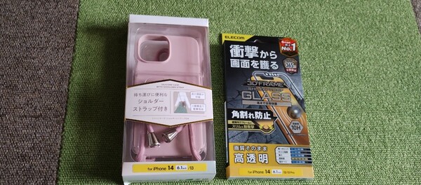 エレコムiPhone14ハイブリッドシリコンケースショルダーストラップ付PM-A22ASCSSPN/iPhone14ガラスフィルムフレーム付高透明PM-A22AFLGZF