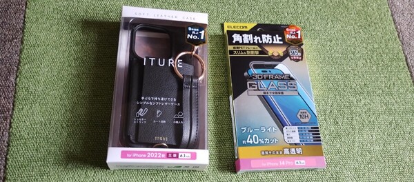 エレコムiPhone14ProオープンソフトレザーケースチャコールグレーPM-A22CPLOSSGY/14ProガラスフィルムブルーライトカットPM-A22CFLGFBL