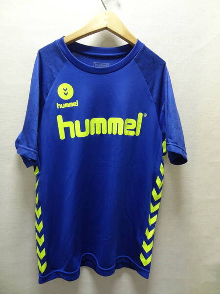 全国送料無料 ヒュンメル hummel メンズ ポリエステル100% 半袖 青色 肩プリント入り サッカー フットサル スポーツゲームTシャツ M