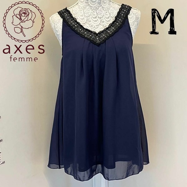 アクシーズファム axesfemme レディース チュニック Aラインワンピース タンクトップ 紺・ネイビー Mサイズ Vネック