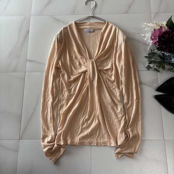 マックスマーラ MAX MARA 白タグ カットソー 長袖 ボーダー オレンジ Vネック リボン ロングTシャツ 柄 春夏