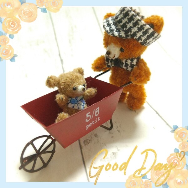 ちびくまちゃんセット ブリキのカート付き ハンドメイド テディベア ドールハウス ミニチュア ぬいぐるみ モール ベア アニマル アート
