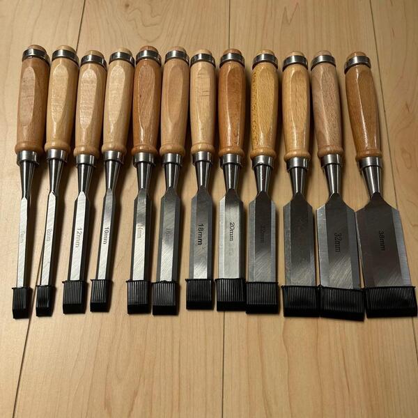 【12本セット】木工用ノミセット DIY 大工 工具 刃先カバー付き 平 鑿
