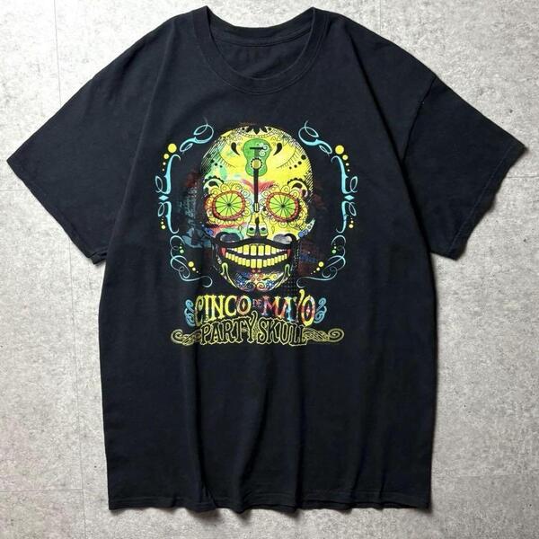 アメリカ古着 半袖Tシャツ メキシコ メキシカンレストラン シンコ・デ・マヨ スカル ギター 装飾品 両面プリント 黒 ブラック L