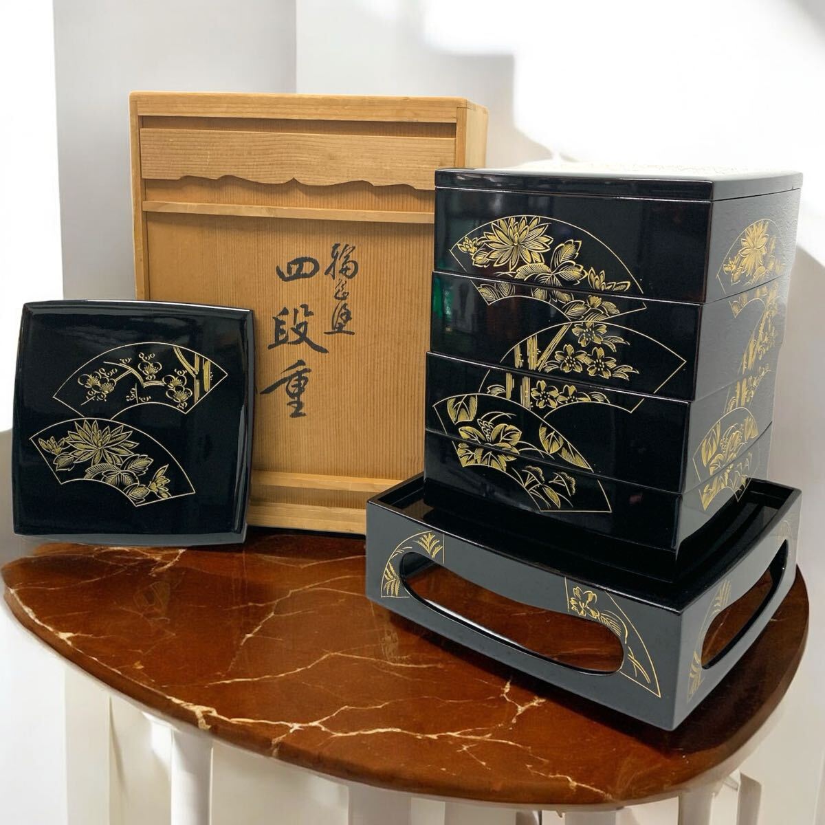 Amazon.co.jp: 茶道具 輪島塗 天然木製 黒塗 金彩蒔絵 二段重箱