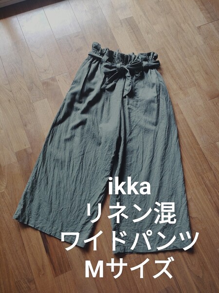 ikka ウエストゴム リネン混 ワイドパンツ イージーパンツ カーキ 無地 M
