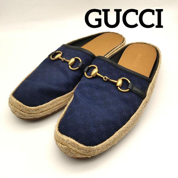 GUCCI グッチ GG柄 キャンバス ホースビット サンダル 約27cm 8サイズ メンズ グレー 麻