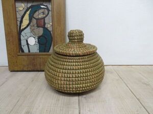 【ほぼ未使用/長期保管品】 撮影スタジオで倉庫保管されていた アフリカ/セネガル バスケット 検索用⇒ 蓋付き/かご/小物入れ/収納/F0615