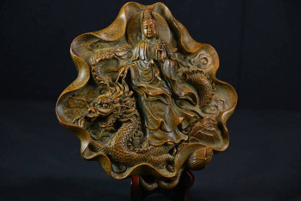 観音菩薩 龍 彫刻 仏教美術 骨董 置物 開運 風水 飾り物 彫像 中国美術 縁起物 一点物 オブジェ 美術品 流水 鎮宅 壁掛け 立体レリーフ