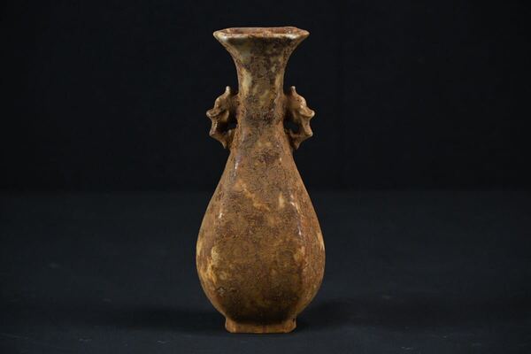 褐釉龍耳方口瓶|風化の美を宿す古陶花瓶【出土品・骨董コレクション】 置物 時代物 花器 古玩 中国古美術 唐物