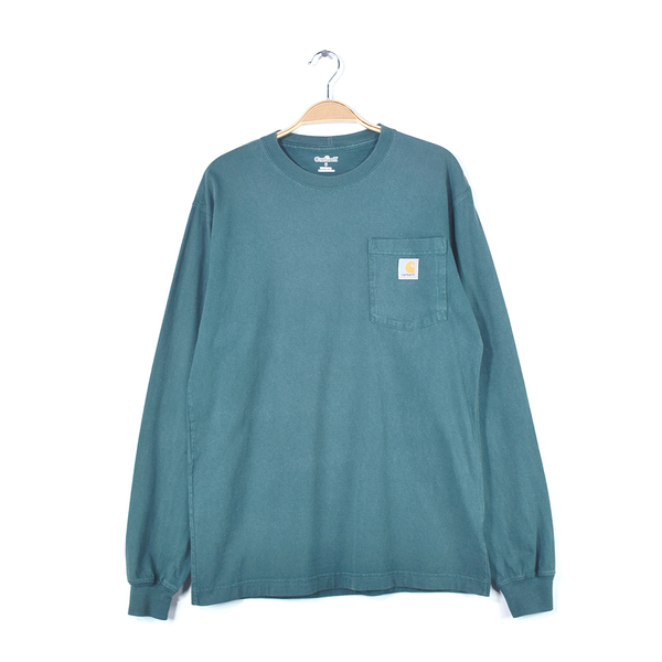【送料無料】カーハート ロングスリーブTシャツ ロンT ポケット ポケT 深緑 CARHARTT サイズS 古着 @BE9008