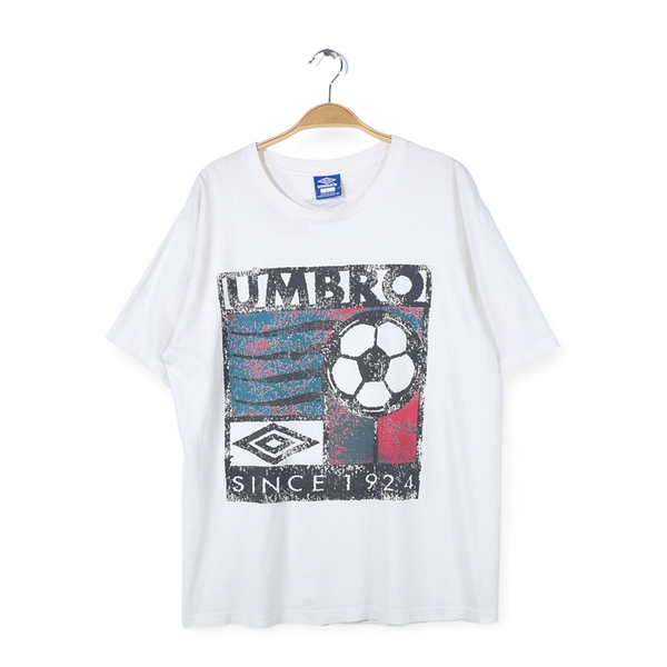 【送料無料】90s アンブロ USA製 ヴィンテージTシャツ 袖シングルステッチ サッカー ホワイト UMBRO メンズL 古着 @BE9014