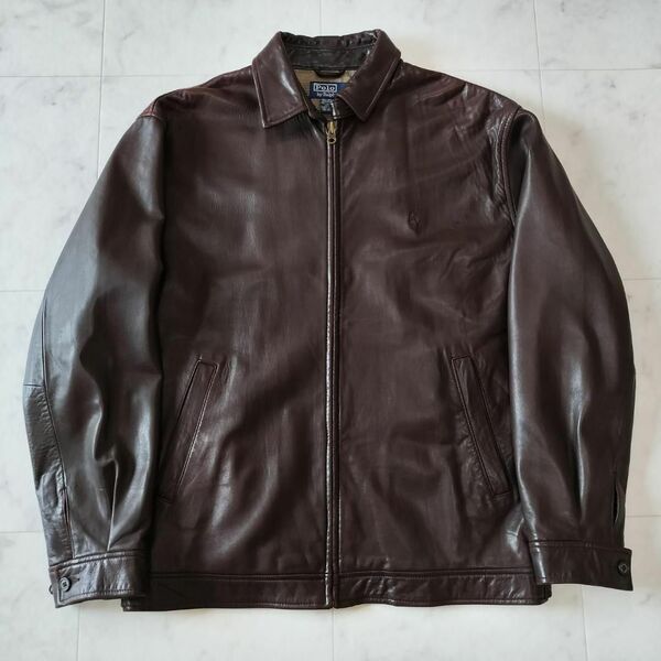 希少 90s ポロラルフローレン ラムレザースウィングトップ ブラウン L 本革 メンズ レザージャケット Leather Swingtop Jacket ブルゾン