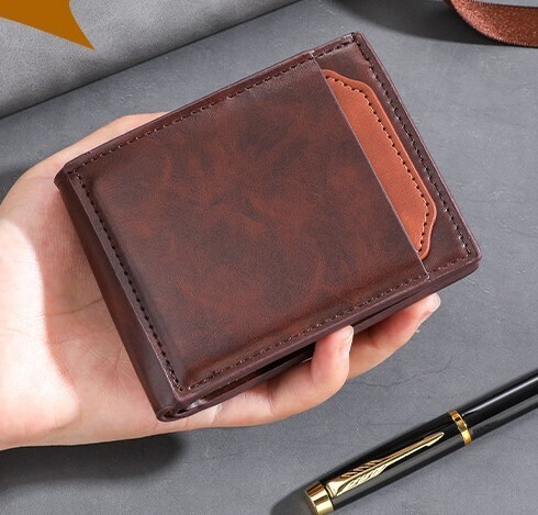 二つ折りメンズ 財布 シンプル カード入れ、個別定期入れ付き*新品*当日発送*(濃いブラウン)