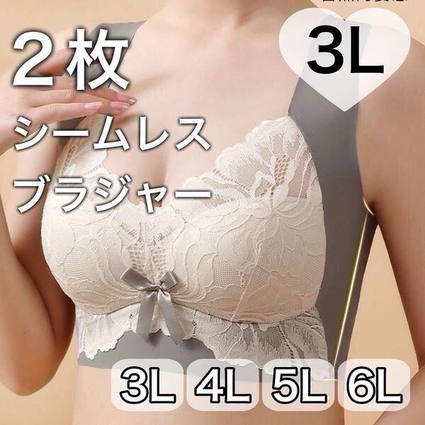 2枚セット ノンワイヤー シームレス ブラジャー グレー 灰色 レース 大きいサイズ 3L XXL ナイトブラ 夜用ブラ B80 C80 D80 80d 80c 80b
