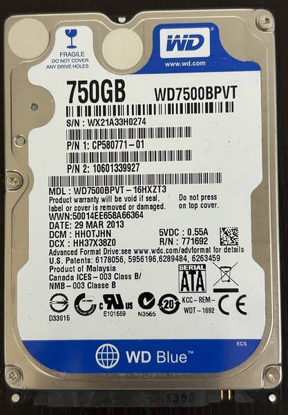 即決 中古 WD Blue 750GB 使用時間30115時間 2.5インチ内蔵ハードディスクCrystalDiskInfoにて確認済み 正常⑥+HDDケースUSB3.0対応外付け