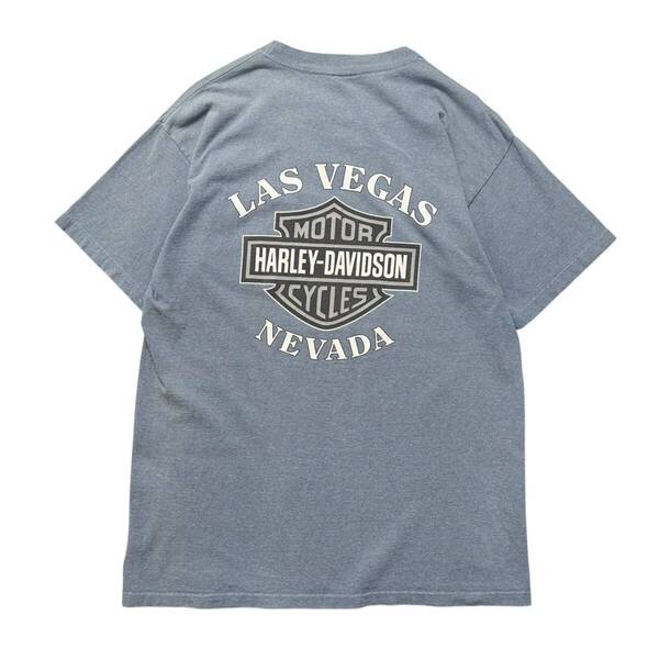 【L】90s USA製 古着 Harley Davidson ハーレー Tシャツ ポケット付き ラスベガス ブルー グレー