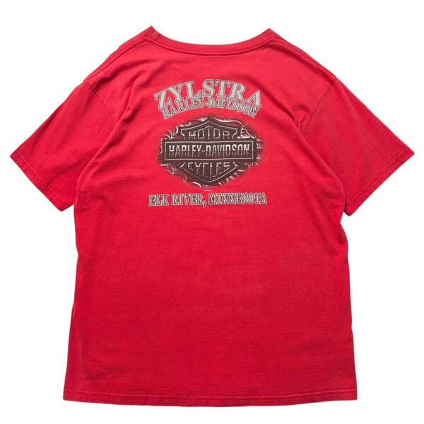 【XL】00s 古着 ハーレーダビッドソン Harley Davidson Tシャツ 両面プリント バックロゴ メタリック レッド