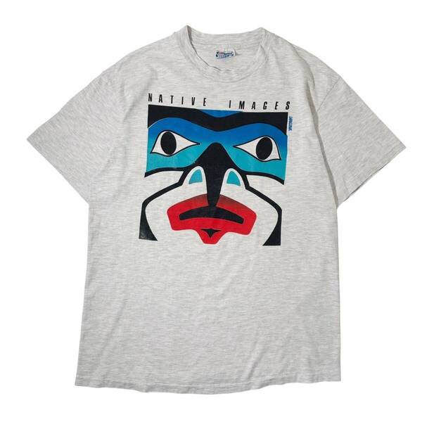 M 80s 90s USA製 Hanes アート Tシャツ ネイティブアメリカン インディアン マスク 仮面 シングルステッチ ヴィンテージ 霜降り グレー