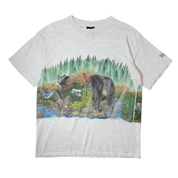 L 90s USA製 HABITAT アニマル 両面プリント Tシャツ アート クマ 鳥 アライグマ シングルステッチ ヴィンテージ 古着 青杢 ホワイト