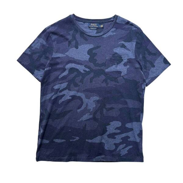 L POLO RALPH LAUREN ラルフローレン 迷彩 Tシャツ ポケット付き カモフラ ミリタリー 古着 ネイビー ブルー
