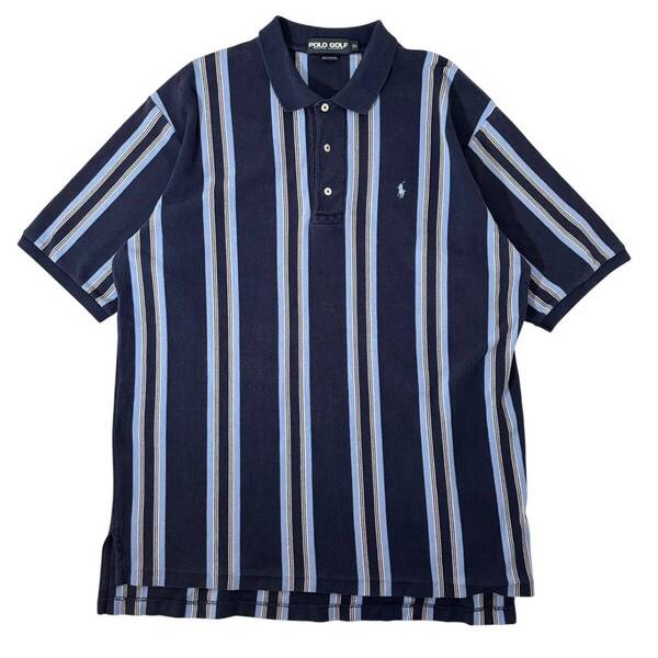 【XL】古着 90s POLO GOLF ラルフローレン ポロシャツ 鹿の子 ストライプ ネイビー ブルー