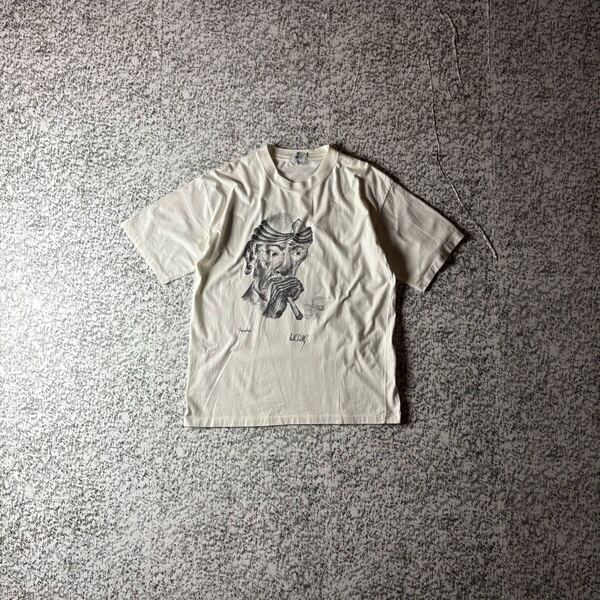【90sオールド】インド タバコ 人物 アート シングルステッチ ヴィンテージT ホワイト Lサイズ 古着 半袖Tシャツ