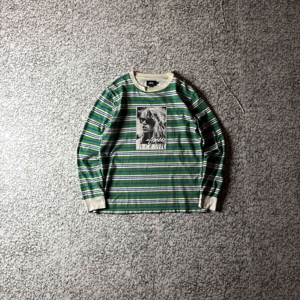 【スペシャル】STUSSY ローラ ボロ グランジ L/SボーダーTシャツ グリーン 大きめのSサイズ 古着 ロンT 激レア 入手困難