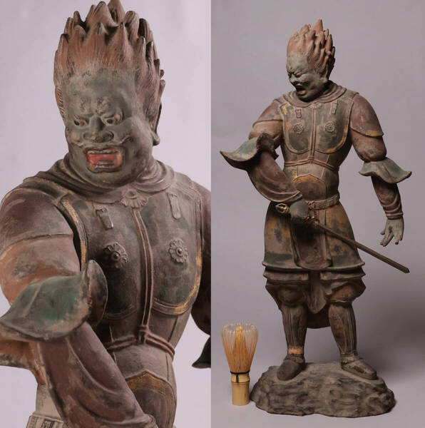 時代 木造 金彩色 十二神将 伐折羅大将像 高53cm 在銘 〇一作 金剛力士 跋折羅 バサラ 仏像 仏教美術 木彫【CM206】