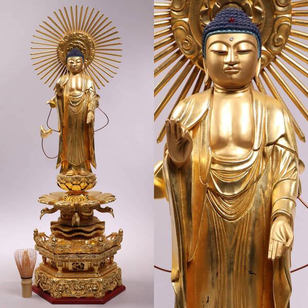 木造 東立弥陀 阿弥陀如来立像 高66.5cm 金箔 肌粉 彩色 木彫 仏教美術 浄土真宗大谷派(東)【MA692】