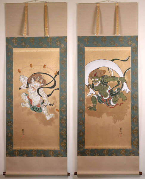 【複製】俵屋宗達「風神雷神図」絹本 双幅 掛け軸 工芸画 版画 二重箱 京都 琳派【MA705】
