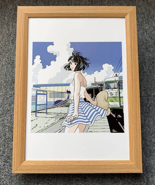 ■江口寿史『日曜日のサマートレイン』B5サイズ 額入り 貴重イラスト 印刷物 ポスター風デザイン 額装品 アートフレーム インテリア