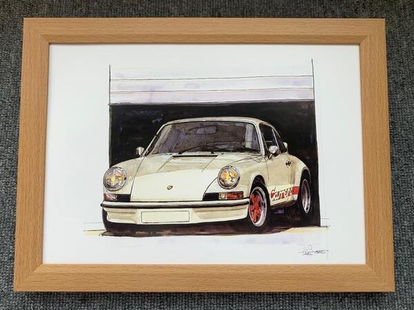 ■BOW。池田和弘『Porsche 911 Carrera RS』B5サイズ 額入り 貴重イラスト 印刷物 ポスター風デザイン 額装品 アートフレーム 旧車