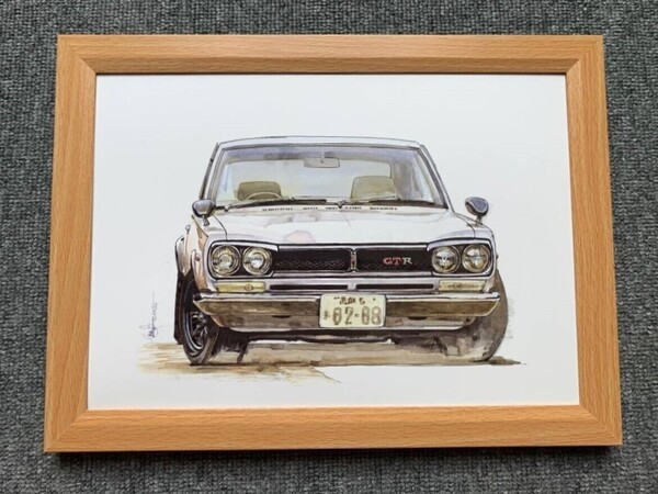 ■BOW。池田和弘『Nissan Skyline GT-R』B5サイズ額入り 貴重イラスト 印刷物 ポスター風デザイン 額装品 アートフレーム 旧車