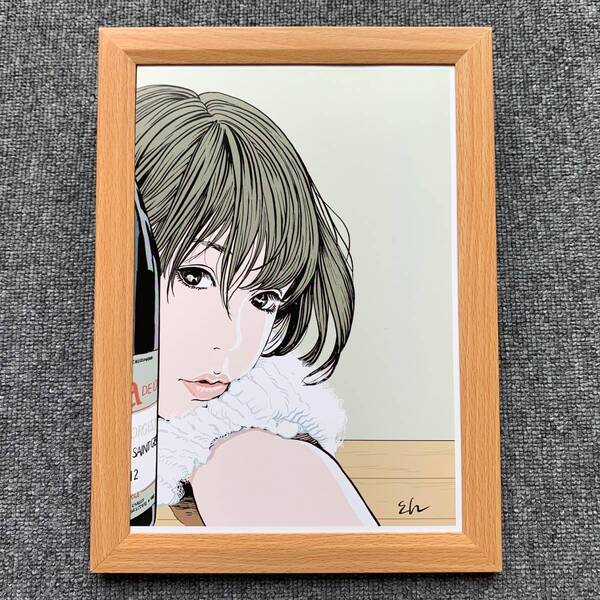 ■江口寿史『ワインボトルと美女 2014』B5サイズ 額入り 貴重イラスト 印刷物 ポスター風デザイン 額装品 アートフレーム インテリア 美女